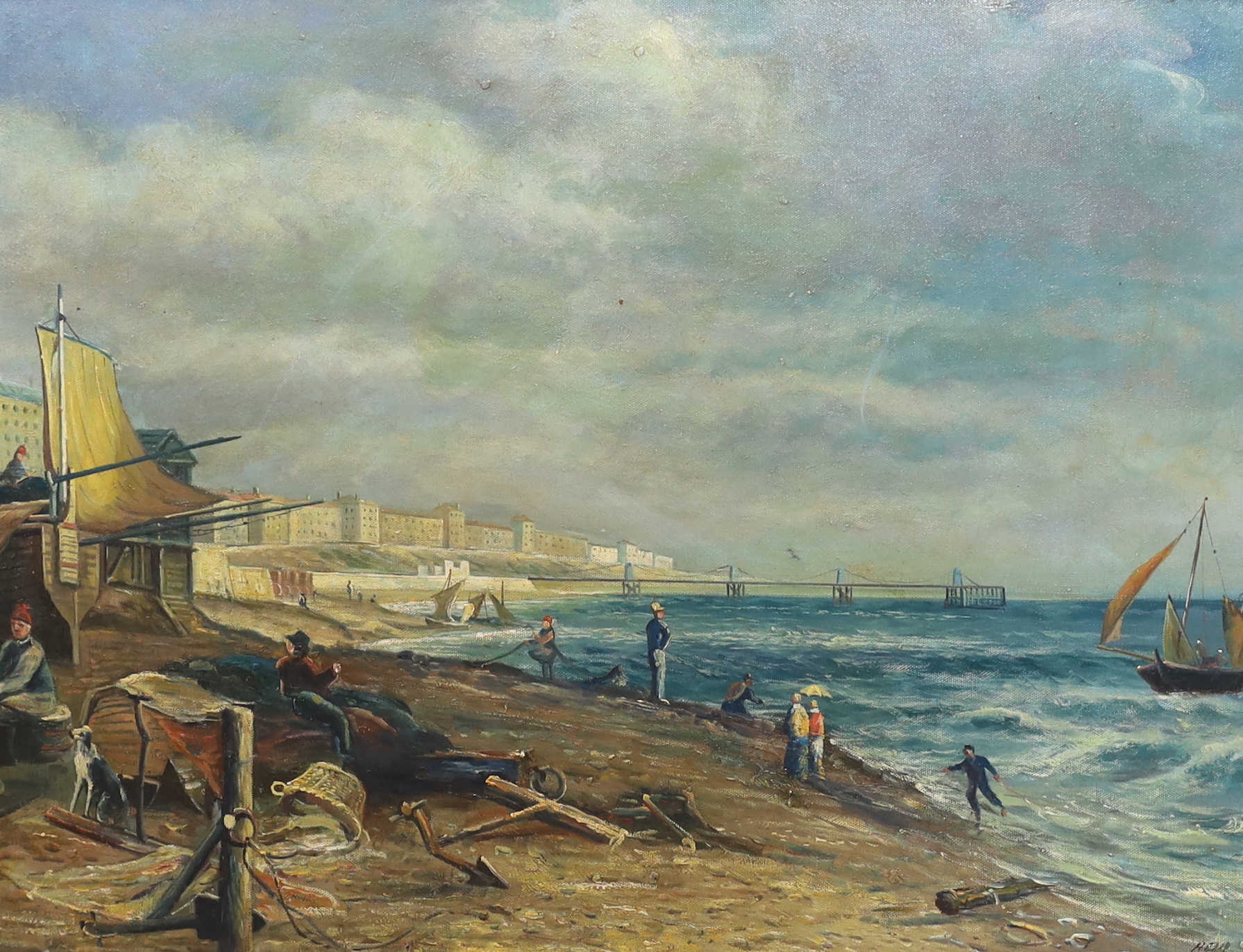 Oil on board, Brighton with the chain pier, 45 x 60cm, ornate gilt framed